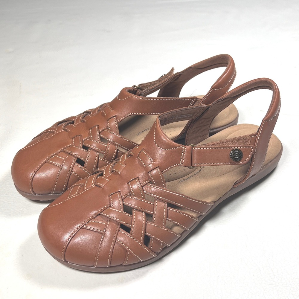 Clarks Elizabelle Mia Women 10 Tan Leather Woven Huarache Comfort Sandals Casual